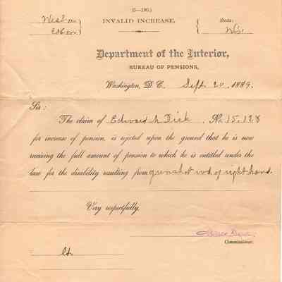Edward M. Dick Invalid Increase Pension -- Sep 1889