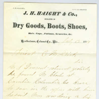 Correspondence to E. M. Dick from J. H. Haight -- Jul 1874