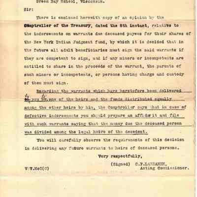Correspondence about New York Indian Judgement Fund -- Feb 1906