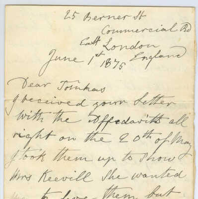 Correspondence to Tomhas in London -- Jun 1875