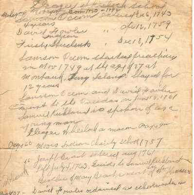 Handwritten Notes on Eleazer Wheelock School with Student List