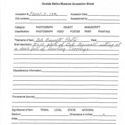 P2001.003.192 Accession sheet