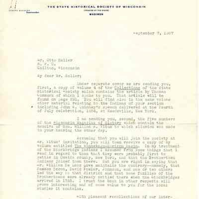 Correspondence to O.E. Heller from the State Historical Society of Wisconsin