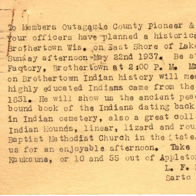 Postcard invitation to a meeting between O.E. Heller and the Outagamie County Pioneer & Historical Society
