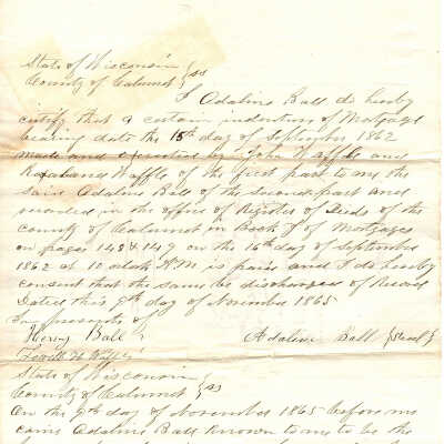 Adaline Ball to John Waffle -- Dec 1865