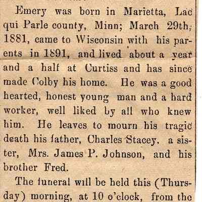 Newspaper Clipping about the Death of Emery Stacey