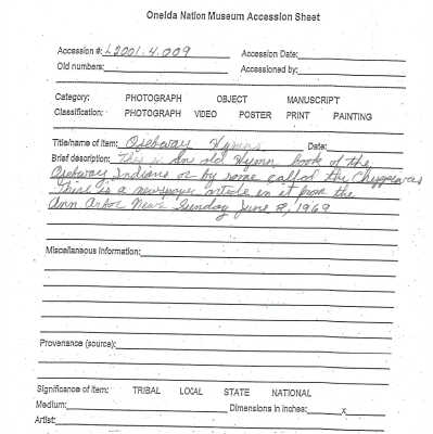 A.2001.004.009 accession sheet