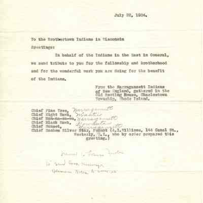 Correspondence from the Narragansett Tribal Nation to the Brothertown Tribal Nation