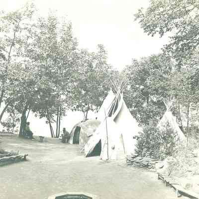 Three tipis and a wigwam in a clearing