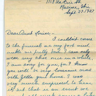 Correspondence to Mrs. Louise Fowler (Aunt) -- Sep 1927