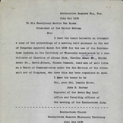 Correspondence Regarding Land Divided Amongst Brothertown in WI -- 1839