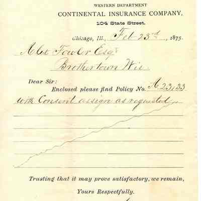 Western Department Continental Insurance Co. for Alex Fowler -- 1875