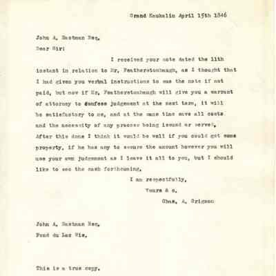 Letter to John A. Eastman from Charles A. Grignon