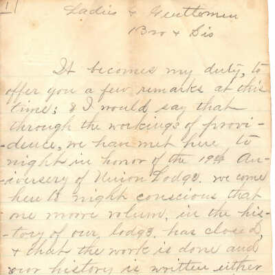Speech given on the 19th anniversary of the Union Lodge