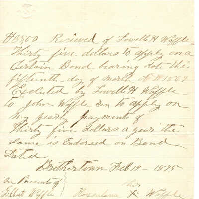 Lowell H. Waffle to John Waffle Sn Bond of 1875