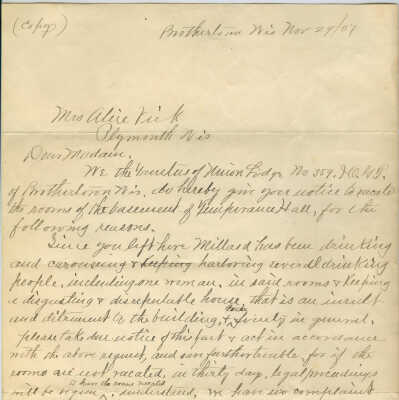 Correspondence to Mrs. Alice Vick from E. M. Dick, L. Fowler, and Hiram Johnson -- Nov 1907