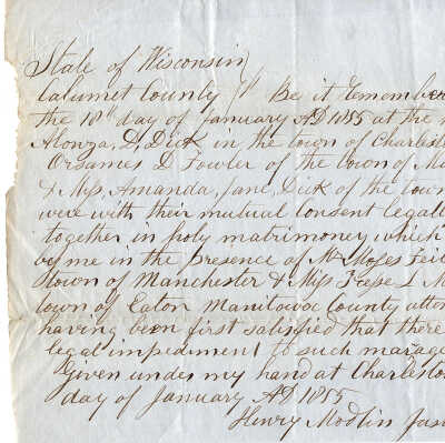 Orsames D. Fowler and Amanda J. Dick Marriage Certificate -- Jan 1855