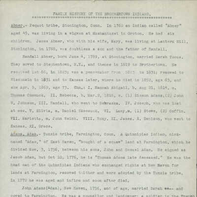 Family History of Brothertown Indian in Alphabetical Order and Envelope