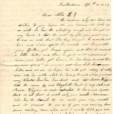 Correspondence to Abba Fowler from Amanda Jane Fowler -- Apr 1859