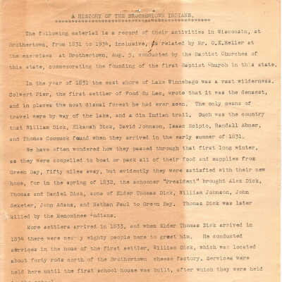 A History of the Brothertown Indians -- Record of their activities in Wisc.