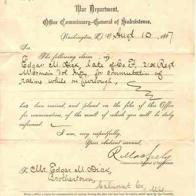 Correspondence to Edgar M. Dick -- Aug 1887