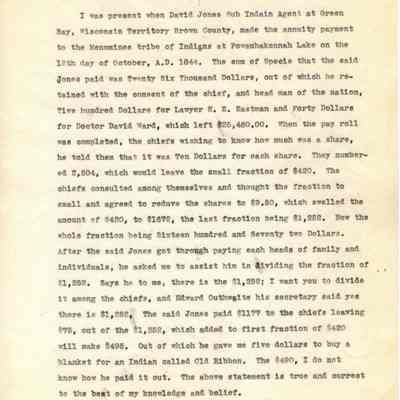 Correspondence containing Charles A. Grignon's recount of the annuity payment made to the Menominee Tribe