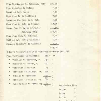 List of Expenses for a trip to Washington City