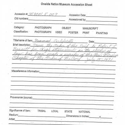 A2001.005.009 accession sheet