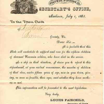 Correspondence from July 1865 regarding Orphan Children