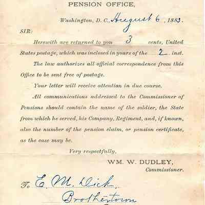 Correspondence between E. M. Dick and Pension Office -- Aug 6 1883