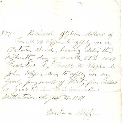 Lowell H. Waffle to John Waffle Sn August 1871