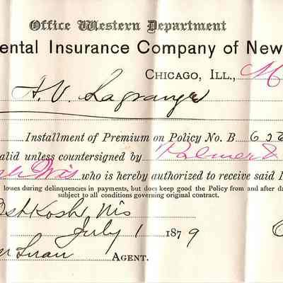 Receipt for Insurance Policy and Envelope -- May 1879