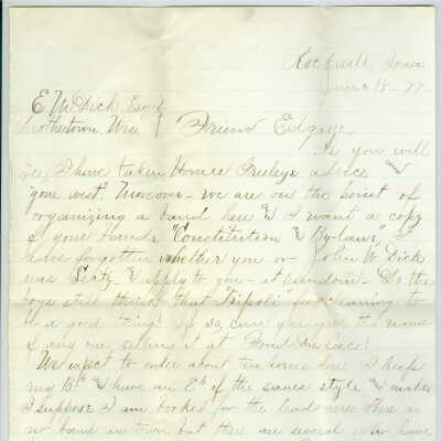 Correspondence to E. M. Dick from W. E. Derrsemore -- Jun 1877