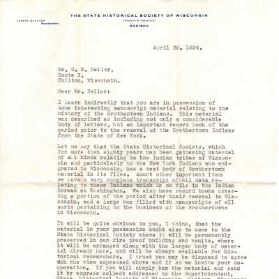 Letter from Joseph Schafer to O.E. Heller