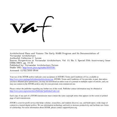 Architectural Plans and Visions: The Early HABS Program and its Documentation of Vernacular Architecture