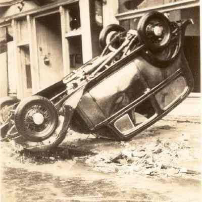 Overturned Car at 57 Broad Street After the 1938 Tornadoes