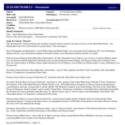 Aiken-Rhett House: Enslaved Africans and Post-Civil War Servant Research