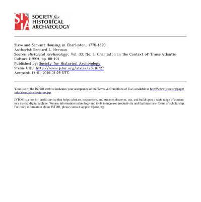 Slave and Servant Housing in Charleston, 1770-1820