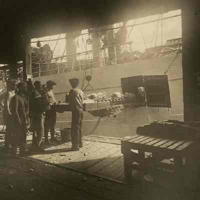 Dock Workers Unloading Shipment of Bananas
