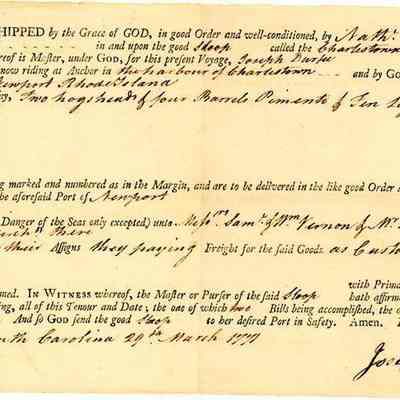 Bill of Lading, Nathaniel Russell to Captain Joseph Durfee