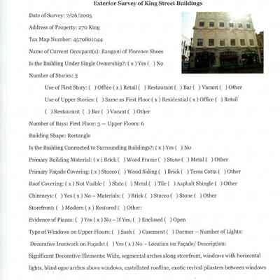 Exterior Survey of 270 King Street: Origsize: 8.5x11; Origformat: Document/Photocopy