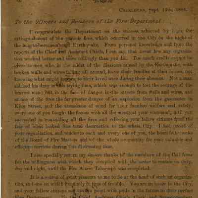 Letter from F.S. Rodgers to the Officers and Members of the Charleston Fire Department After the 1886 Earthquake