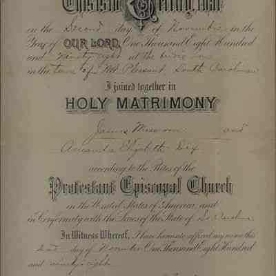 Certificate of Holy Matrimony of James Missroon and Amanda Elizabeth Dix