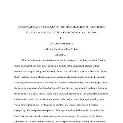 Rich Swamps and Rice Grounds: The Specialization of Inland Rice Culture in the South Carolina Lowcountry, 1670-1861