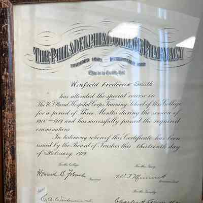 Philadelphia College of Pharmacy Special Course Certificate for “Winfield Frederick Smith,” February 13th, 1919