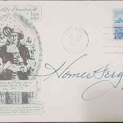 Detroit 250th Anniversary First Day Cover, 1951, signed by Homer Ferguson