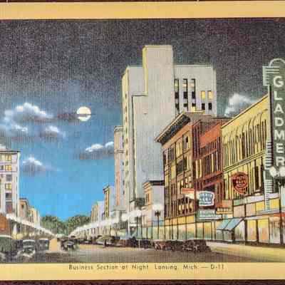 Business Section at Night, Lansing, Mich. Postcard