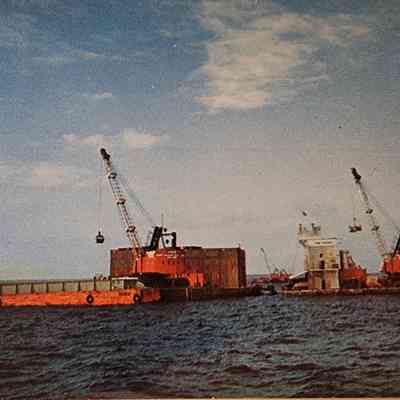 Construction of a Pier, Mackinac Straits Bridge, Postcard