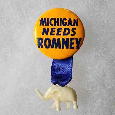 Michigan Needs Romney Button with Ribbon/Elephant