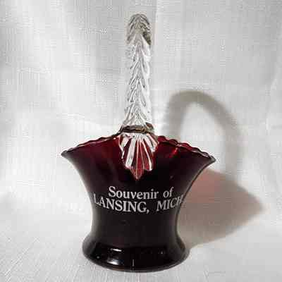 Lansing, Mich., Ruby Flashed Glass Souvenir Basket